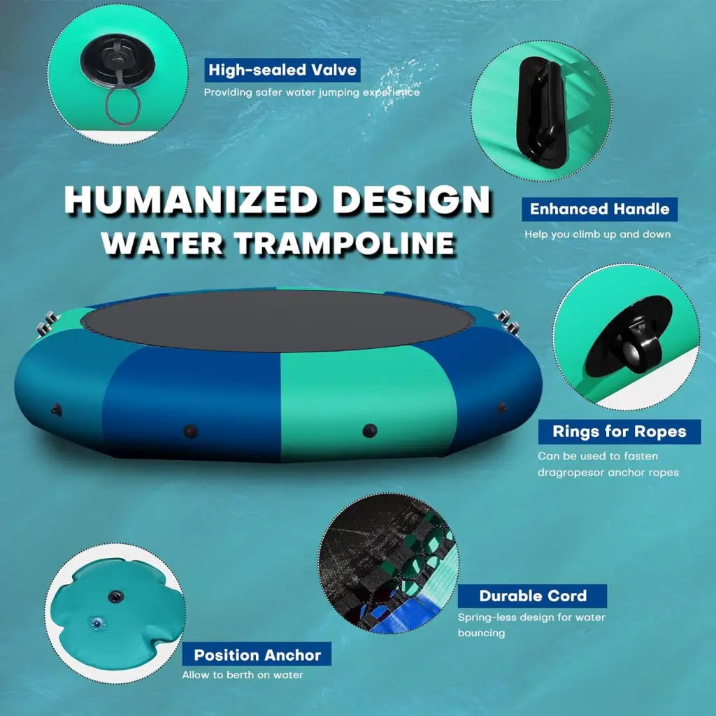 10FT inflatable water trampoline with blue and teal sections and a black jumping surface