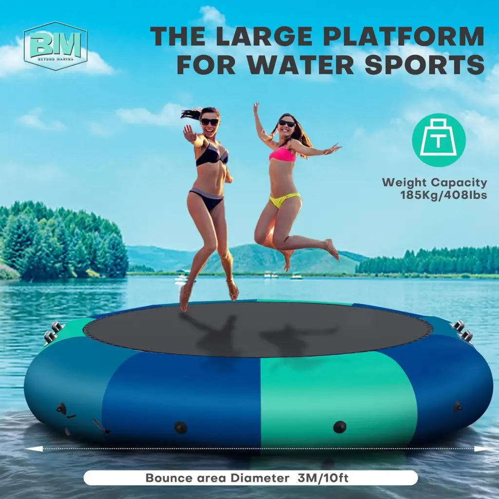 10FT Inflatable Water Trampoline with blue and green sections for summer fun