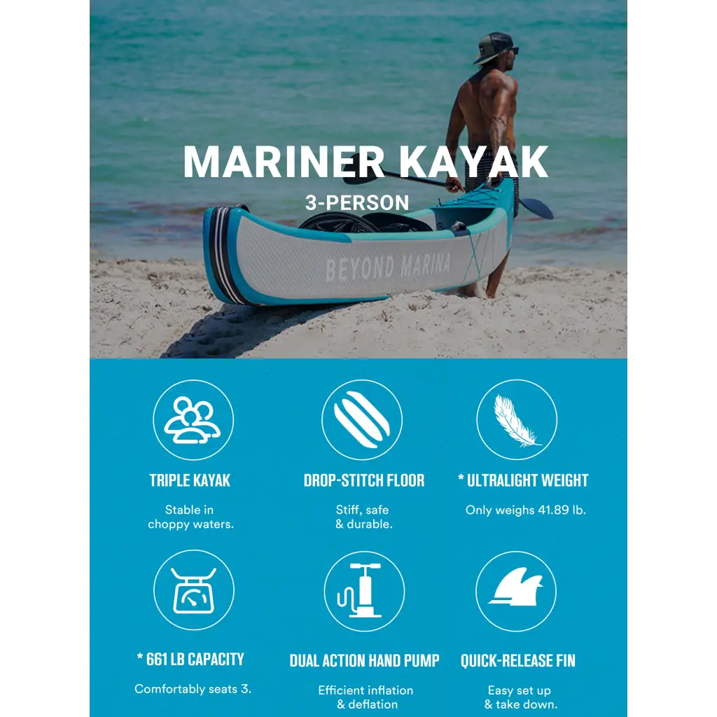 Triple inflatable kayak on a beach – 15’3’ Mariner, perfect for adventure seekers