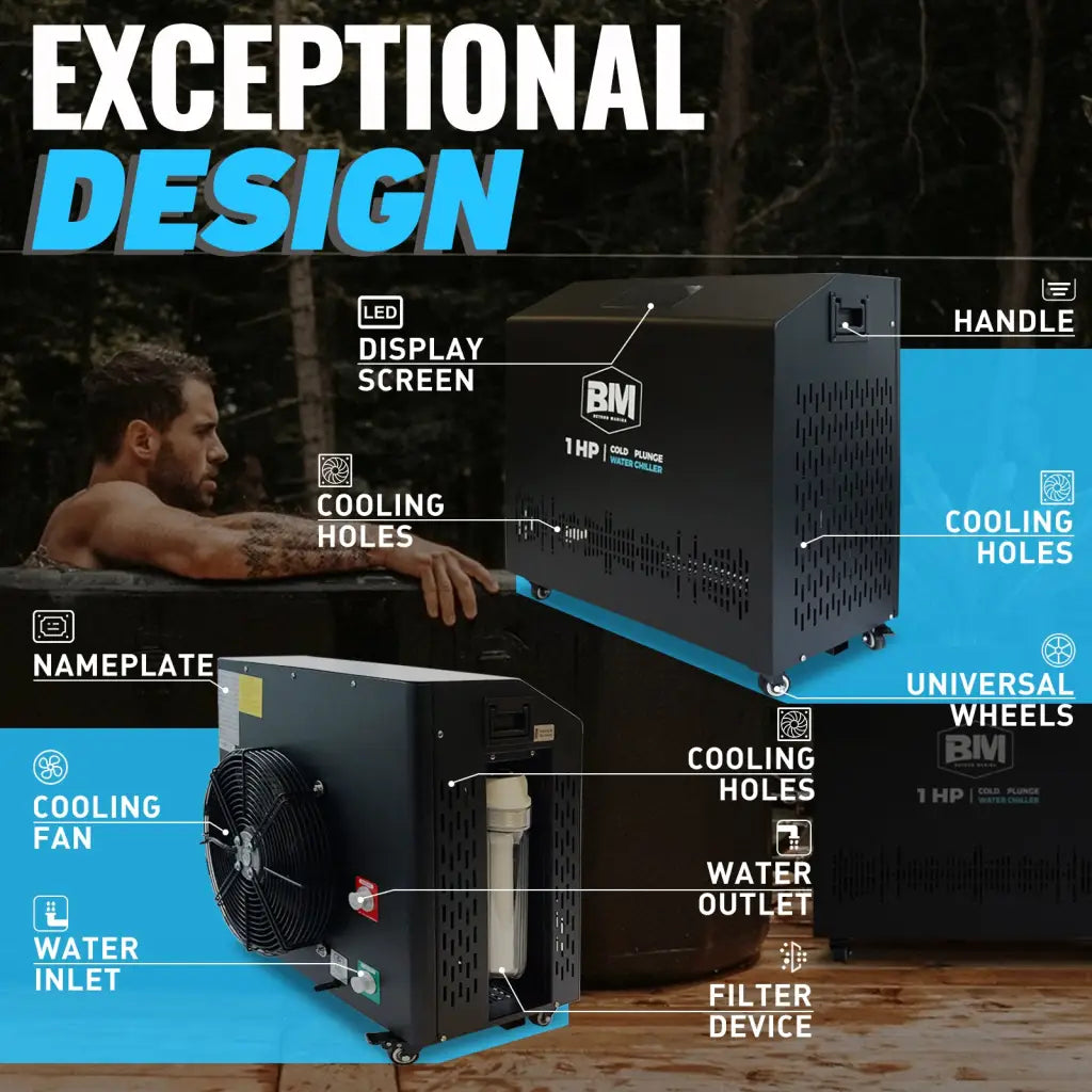 1HP Ice Bath Chiller showcasing advanced cooling features for cold plunge fitness recovery