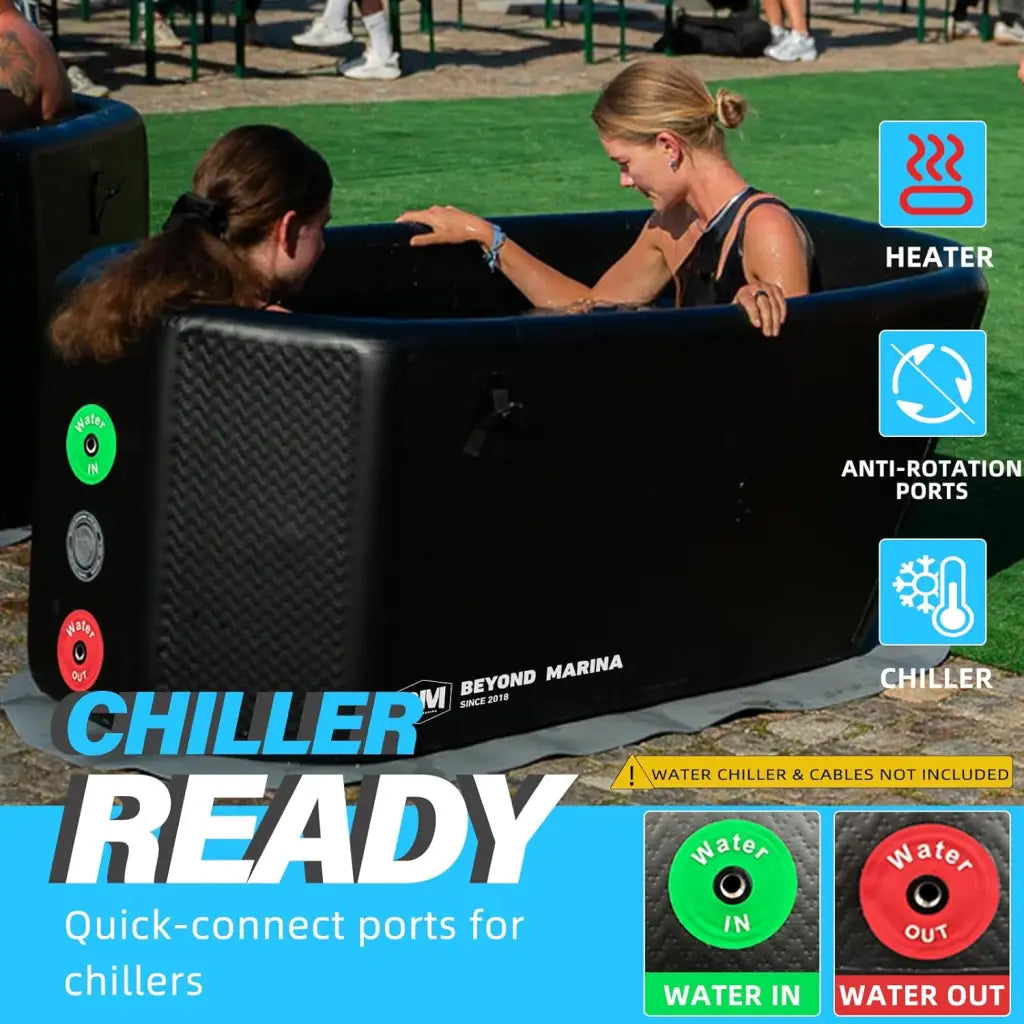 Inflatable black hot tub featuring chiller and heater for ArcticEdge Pro Ice Bath Tub