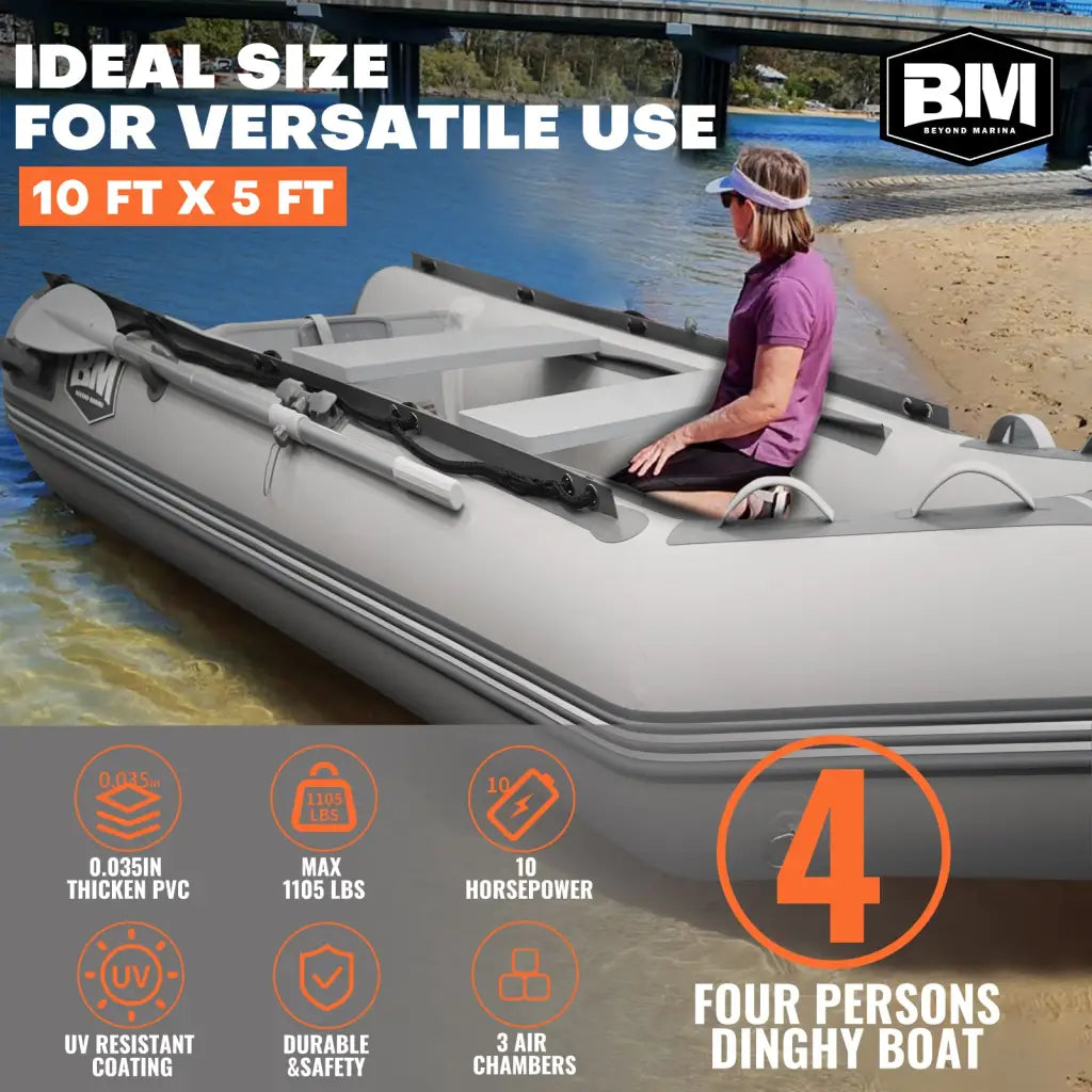 Gray inflatable dinghy boat from Beyond Marina for fishing and relaxation adventures