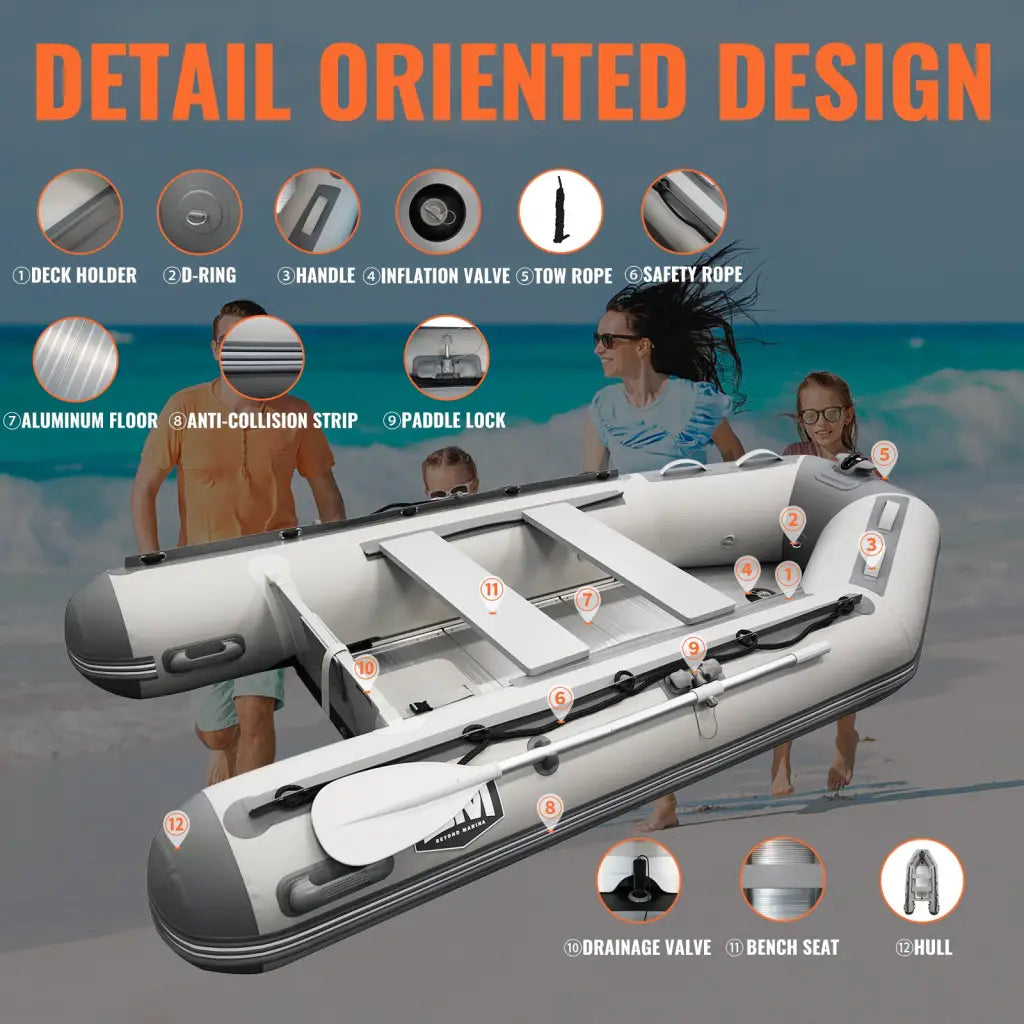 Inflatable dinghy boat with labeled features for fishing and relaxation activities