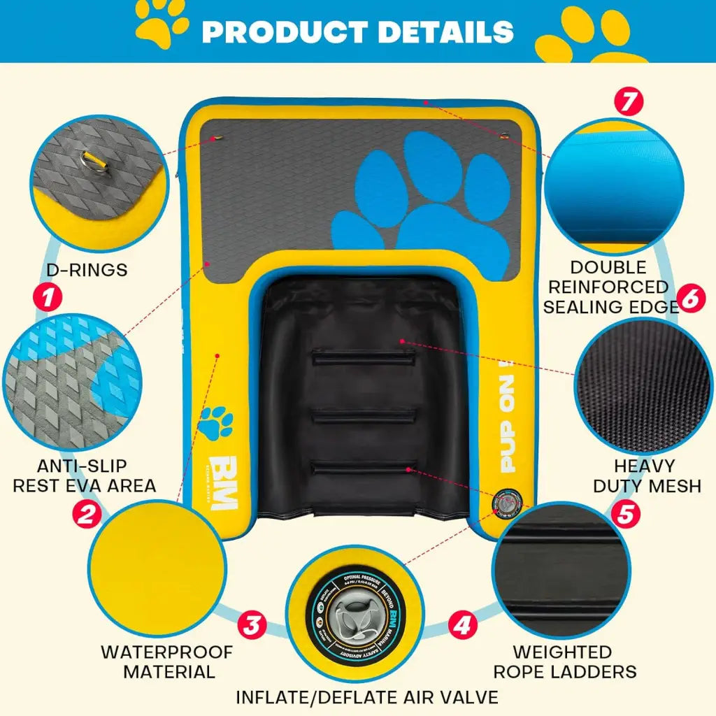 Dog pool float with labeled features for Beyond Marina Inflatable Dog Pool Ramp