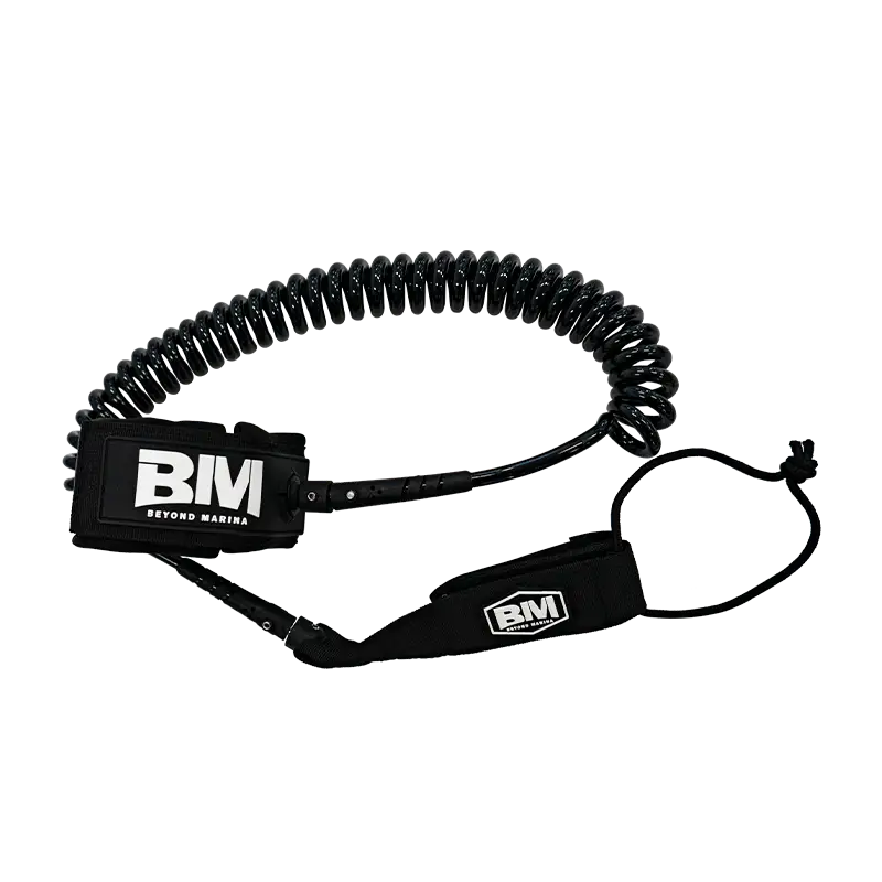 Black coiled ankle leash for Stand Up Paddle Board safety and durability