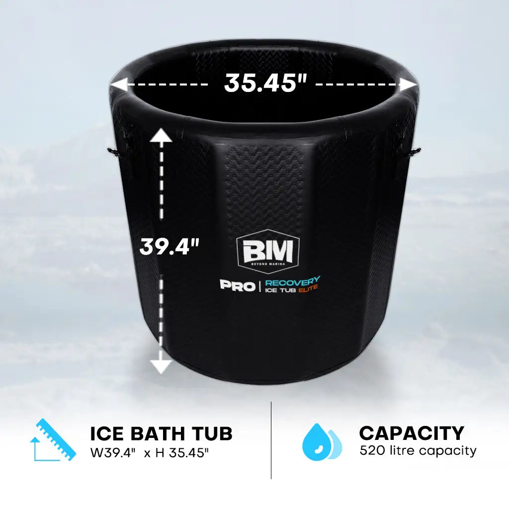 PRO IceBath Elite: Inflatable Ice Tub - Waterproof bucket with measurements displayed