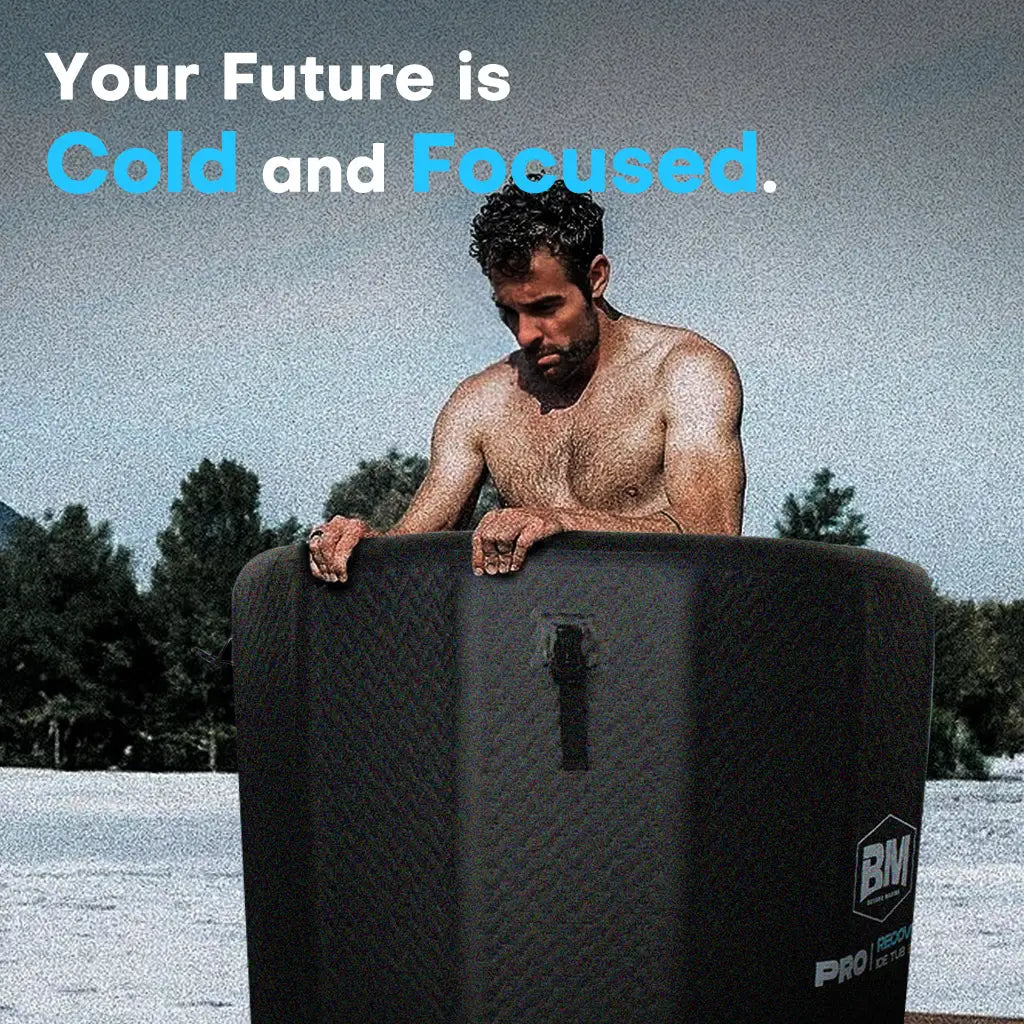 Man sitting on chair with ’Your future is cold’ text; PRO IceBath Elite Inflatable Ice Tub