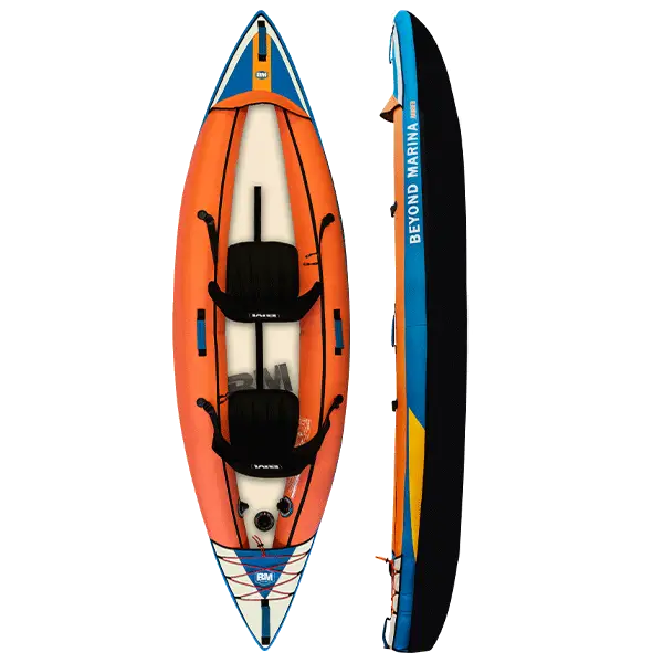 Inflatable orange and white tandem kayak with two seats for ultimate water adventures