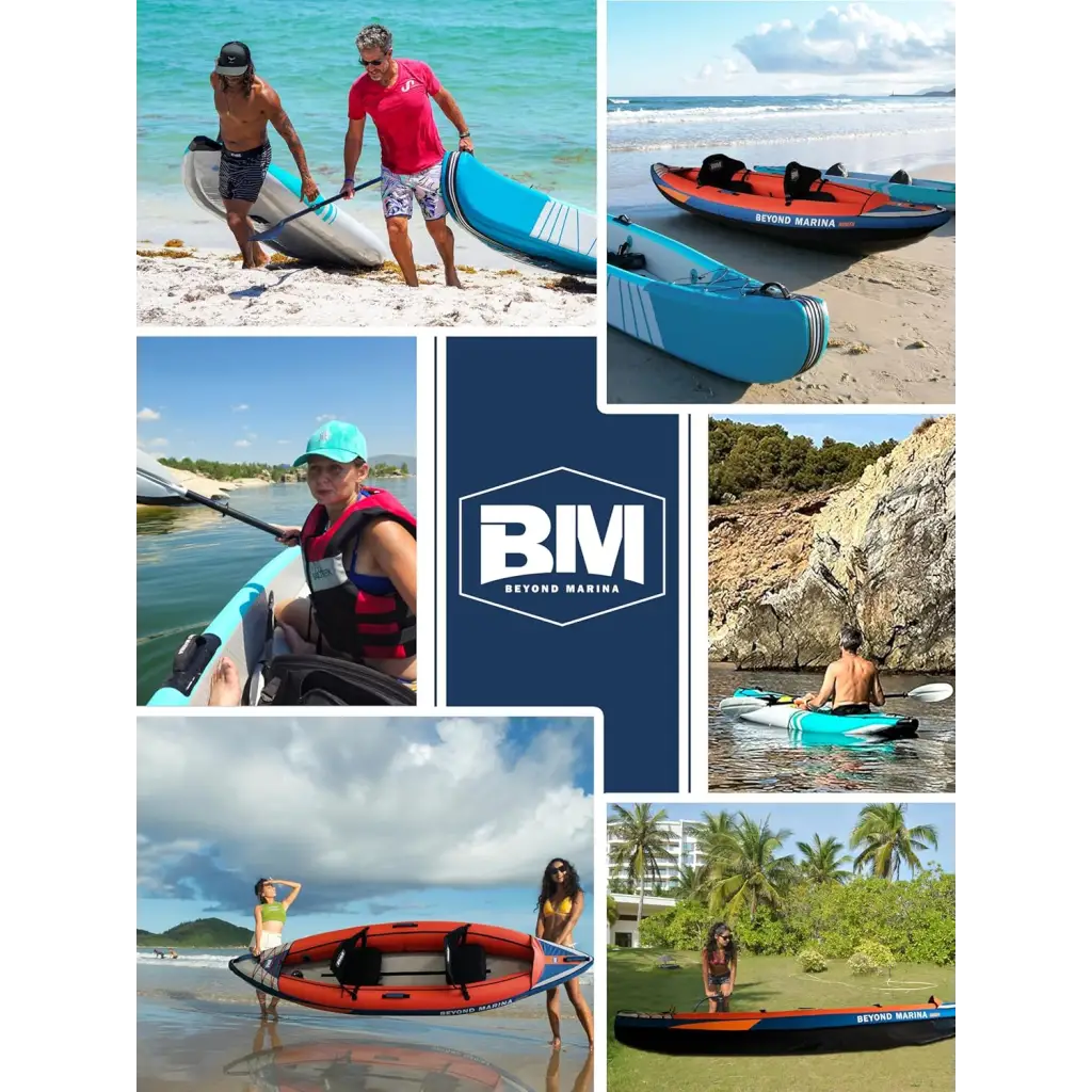 Collage of Ranger 11.15 FT Inflatable Tandem Kayak showcasing comfortable two seats