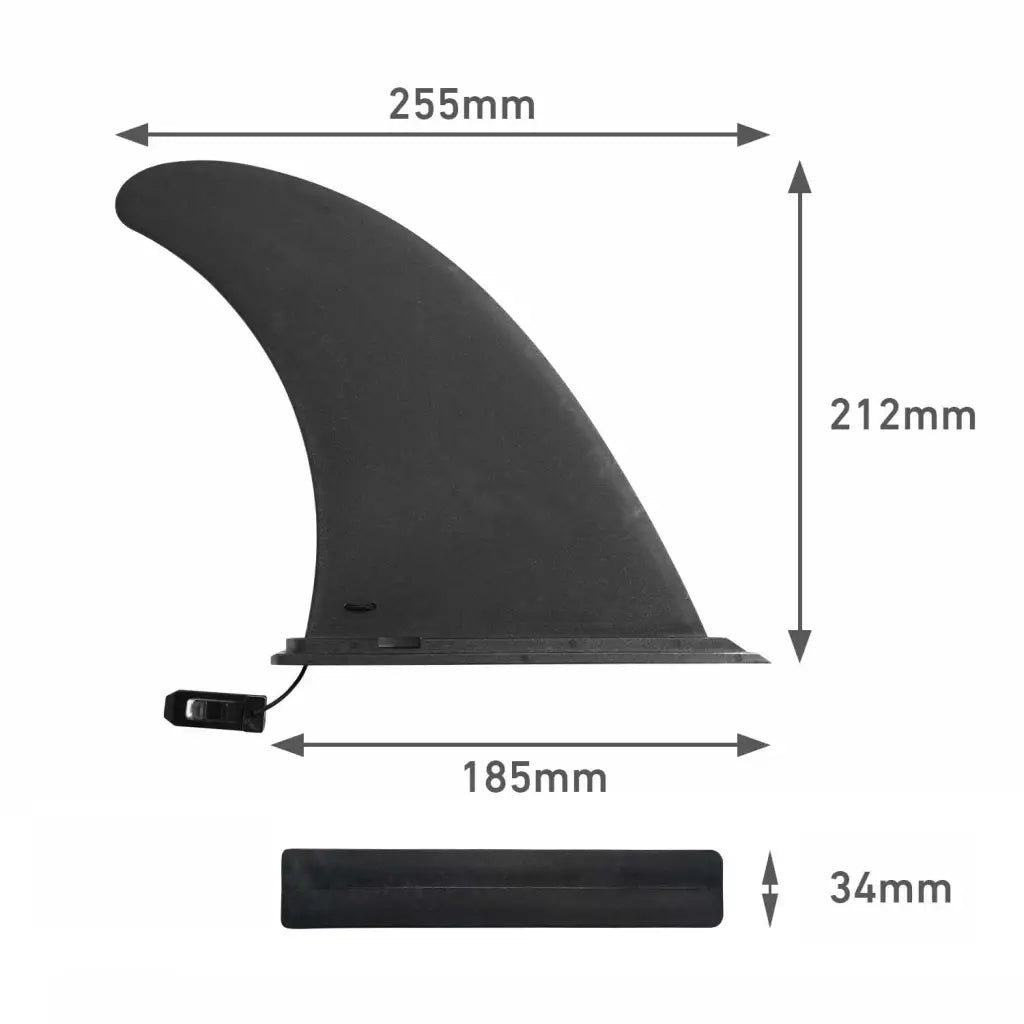 Black surfboard fin dimensions for Removable Center Fin enhancing SUP and Kayak stability